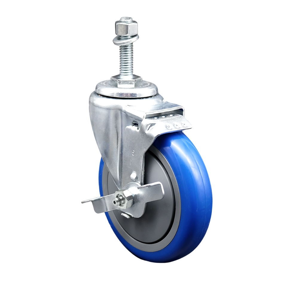 Stainless Steel Polyurethane Swivel Threaded Stem Caster with 5 x 1.25 in. Blue Wheel & 10 mm Stem & Top Locking Brake