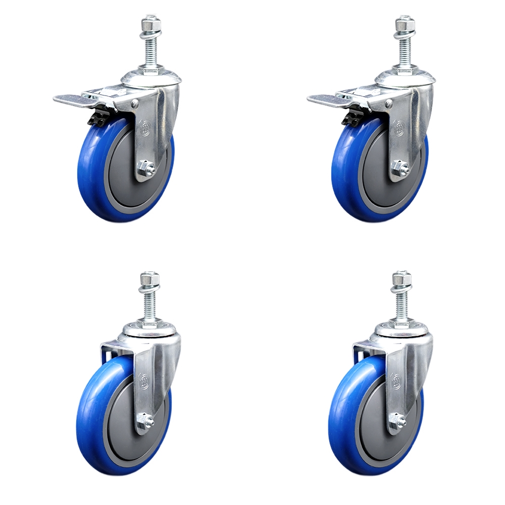 Stainless Steel Polyurethane Swivel Threaded Stem Caster with 5 x 1.25 in. Blue Wheels & 10 mm Stems - Set of 4