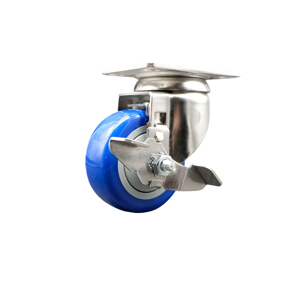 SCC-SS31620S314-PPUB-BLUE-TLB Polyurethane Swivel Top Plate Caster with 3 in. 316 Stainless Steel Blue Caster Wheel & Top Lock Brake