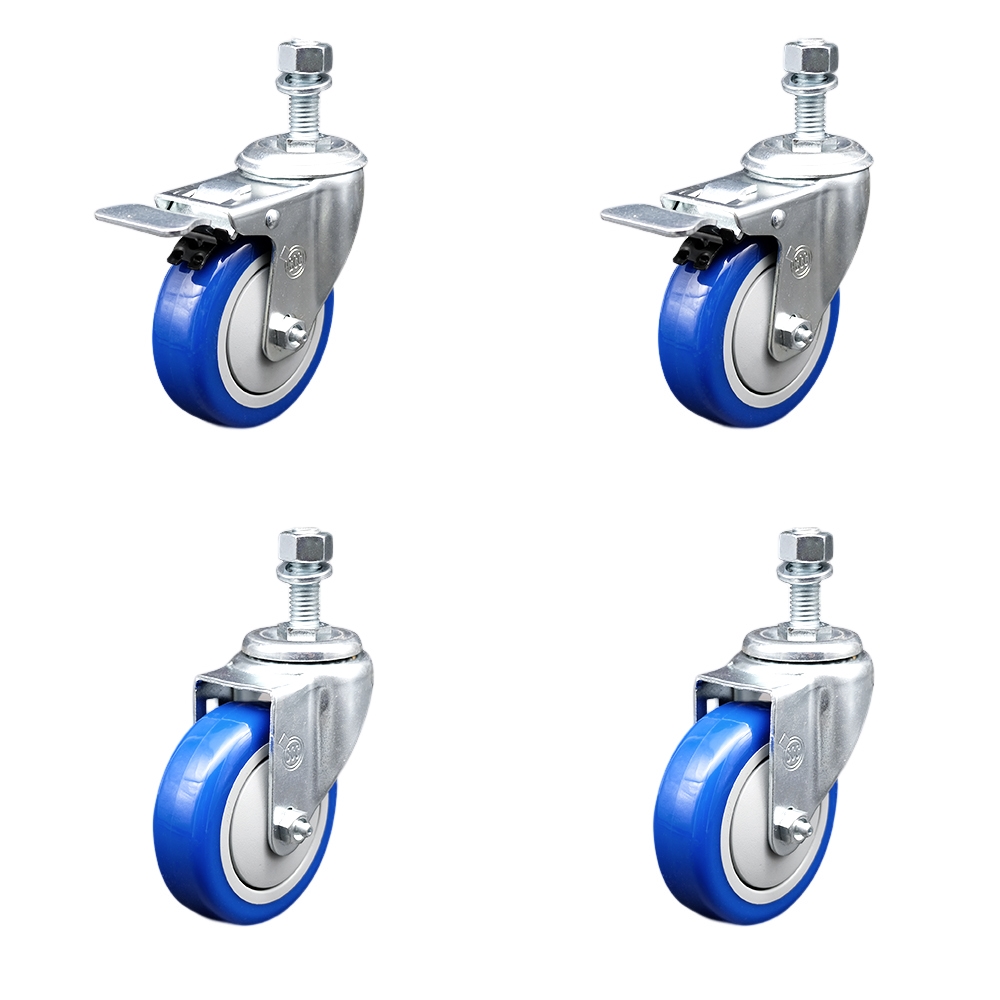 Stainless Steel Polyurethane Swivel Threaded Stem Caster with 4 x 1.25 in. Blue Wheels & 12 mm Stems - Set of 4