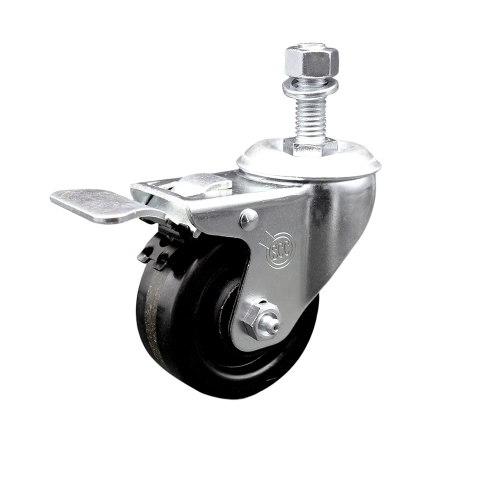 SCC-SSTSTTL20S314-PHS-M1215 Stainless Steel Phenolic Swivel Threaded Stem Caster with 3 x 1.25 in. Black Wheel & 12 mm Stem & Total Locking Brake