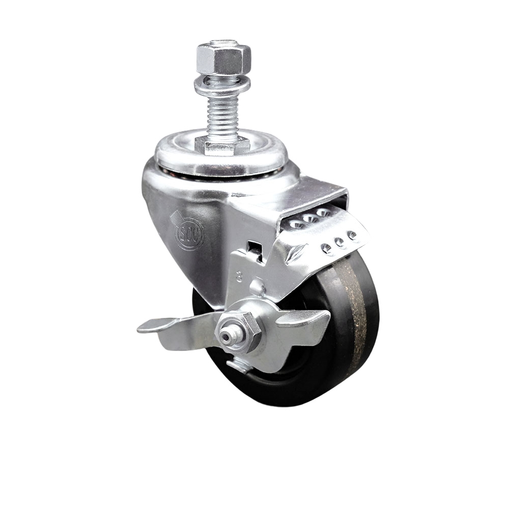 SCC-TS20S3514-PHS-TLB-M1215 Phenolic Swivel Threaded Stem Caster with 3.5 x 1.25 in. Black Wheel & 12 mm Stem & Top Locking Brake