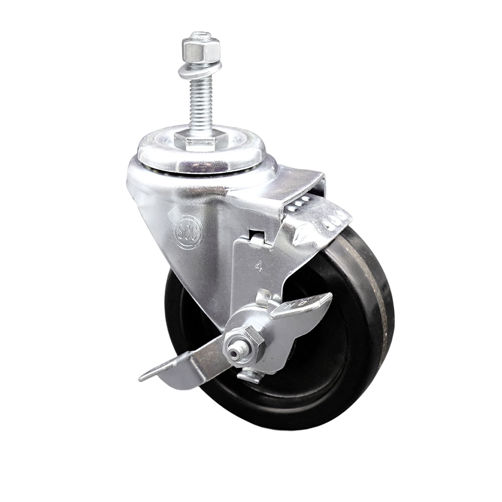 SCC-TS20S414-PHS-TLB-381615 Phenolic Swivel Threaded Stem Caster with 4 x 1.25 in. Black Wheel & 0.38 in. Stem & Top Locking Brake