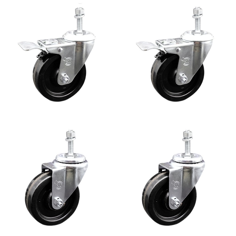 SCC-SSTSTTL20S414-PHS-381615-2-S-2 Stainless Steel Phenolic Swivel Threaded Stem Caster with 4 x 1.25 in. Black Wheels & 0.38 in. Stems - Set of 4