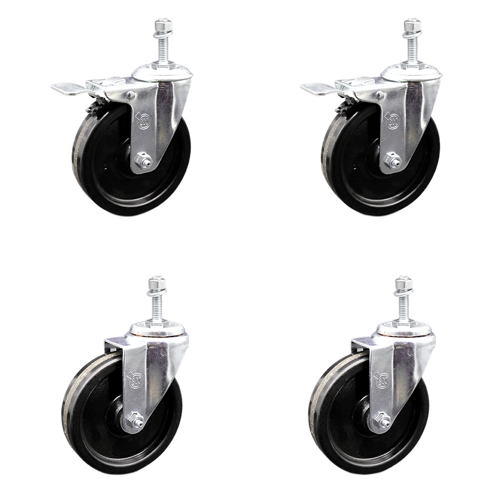 SCC-SSTSTTL20S514-PHS-M1015-2-S-2 Stainless Steel Phenolic Swivel Threaded Stem Caster with 5 x 1.25 in. Black Wheels & 10 mm Stems - Set of 4