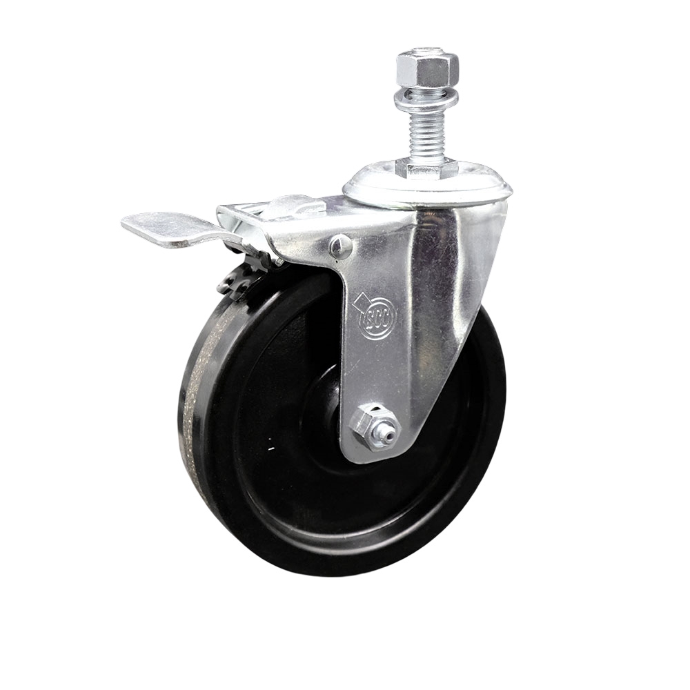 SCC-SSTSTTL20S514-PHS-M1215 Stainless Steel Phenolic Swivel Threaded Stem Caster with 5 x 1.25 in. Black Wheel & 12 mm Stem & Total Locking Brake