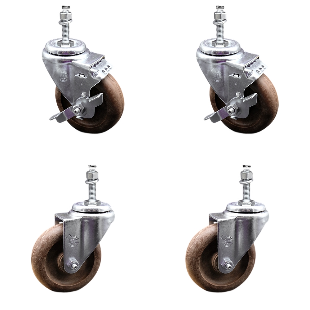 Stainless Steel High Temperature Glass Filled Nylon Swivel Threaded Stem Caster with 4 x 1.25 in. Brown Wheels & 10 mm Stems - Set of 4