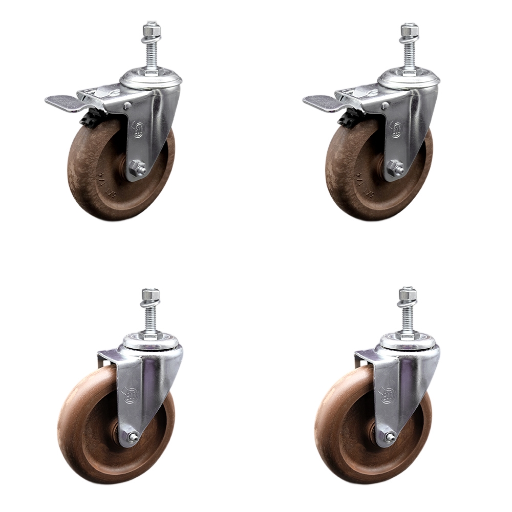 Stainless Steel High Temperature Glass Filled Nylon Swivel Threaded Stem Caster with 5 x 1.25 in. Brown Wheels & 10 mm Stems - Set of 4