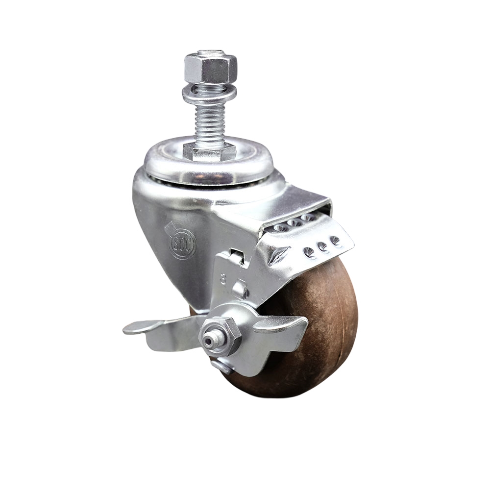 High Temperature Glass Filled Nylon Swivel Threaded Stem Caster with 3.5 x 1.25 in. Brown Wheel & 12 mm Stem & Top Locking Brake