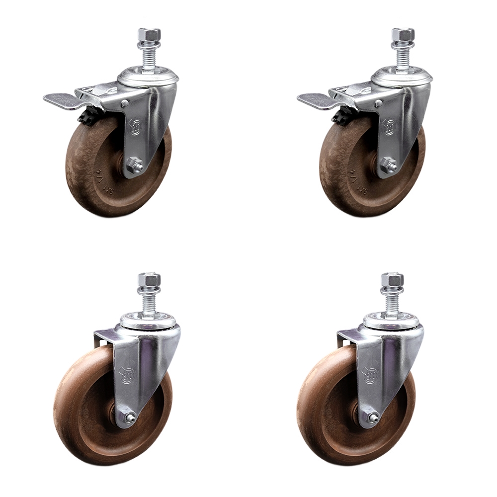 High Temperature Glass Filled Nylon Swivel Threaded Stem Caster with 5 x 1.25 in. Brown Wheels & 12 mm Stems - Set of 4