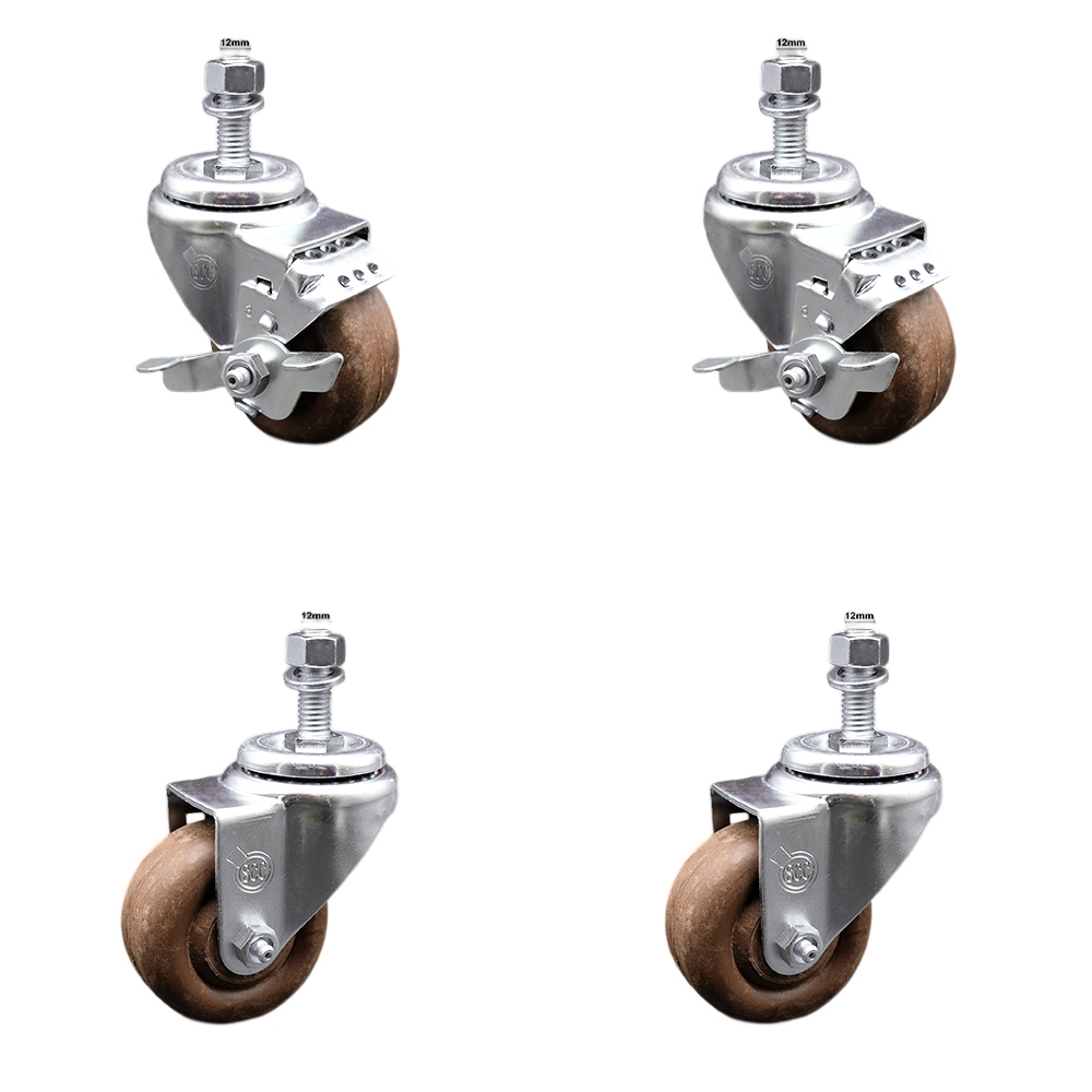 Stainless Steel High Temperature Glass Filled Nylon Swivel Threaded Stem Caster with 3 x 1.25 in. Brown Wheels & 12 mm Stems - Set of 4