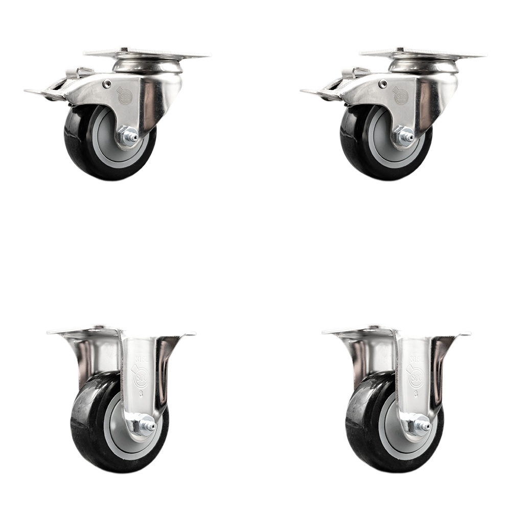 SCC-SS316TTL20S3514-PPUB-BLK-2-R-2 Polyurethane Swivel Top Plate Caster with 3.5 in. 316 Stainless Steel Black Wheels - Set of 4