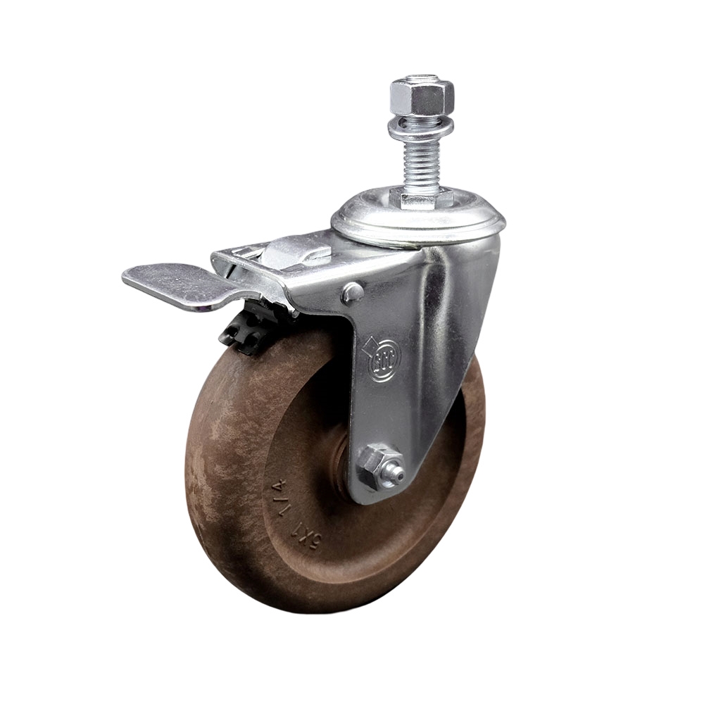 Stainless Steel High Temperature Glass Filled Nylon Swivel Threaded Stem Caster with 5 x 1.25 in. Brown Wheel & 12 mm Stem & Total Locking Brake
