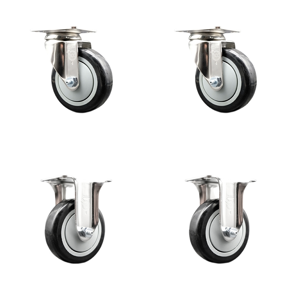 SCC-SS31620S414-PPUB-BLK-2-R-2 Polyurethane Swivel Top Plate Caster with 4 in. 316 Stainless Steel Black Wheels - Set of 4