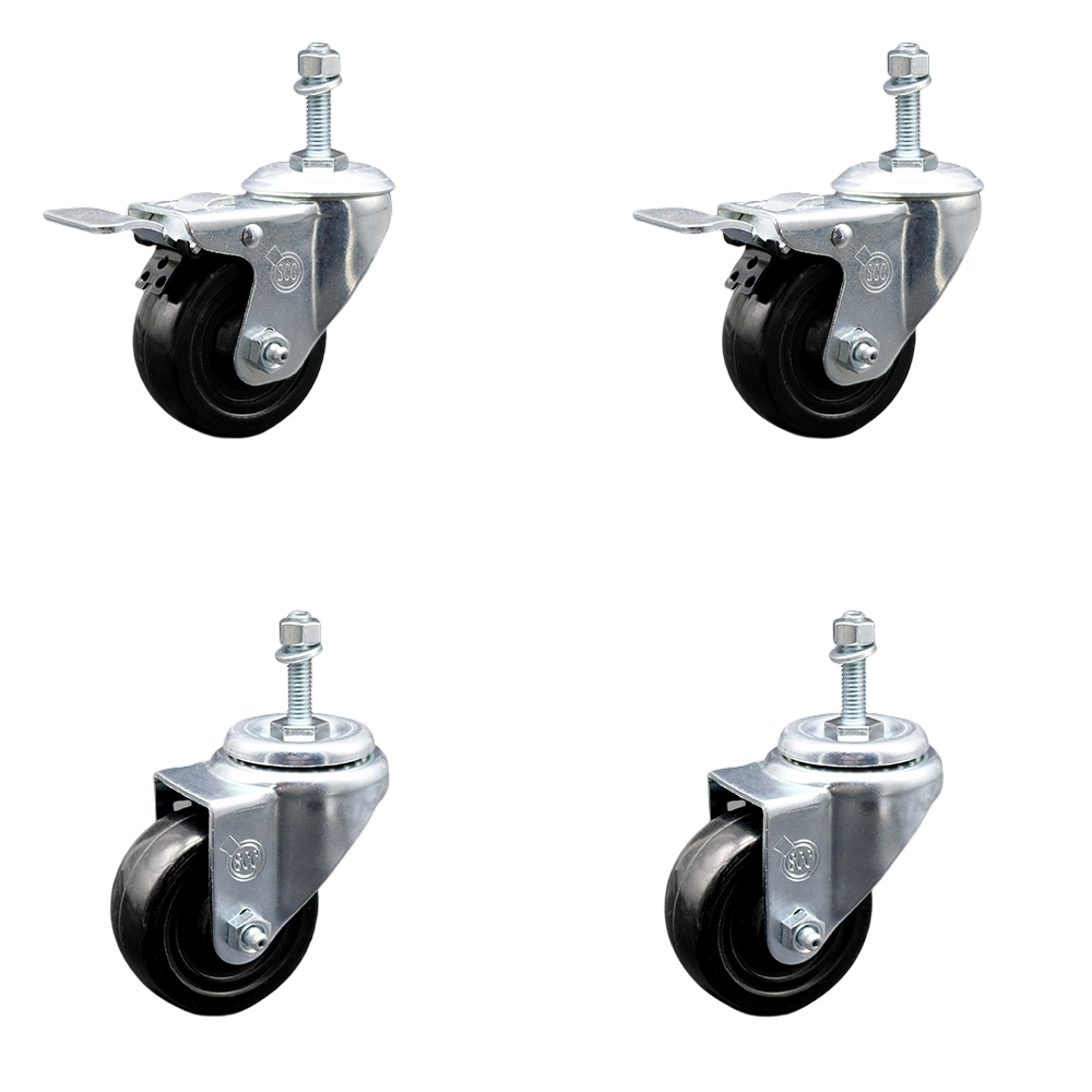 SCC-TSTTL20S3514-HRS-381615-2-S-2 Hard Rubber Swivel Threaded Stem Caster with 3.5 x 1.25 in. Black Wheels & 0.38 in. Stems - Set of 4