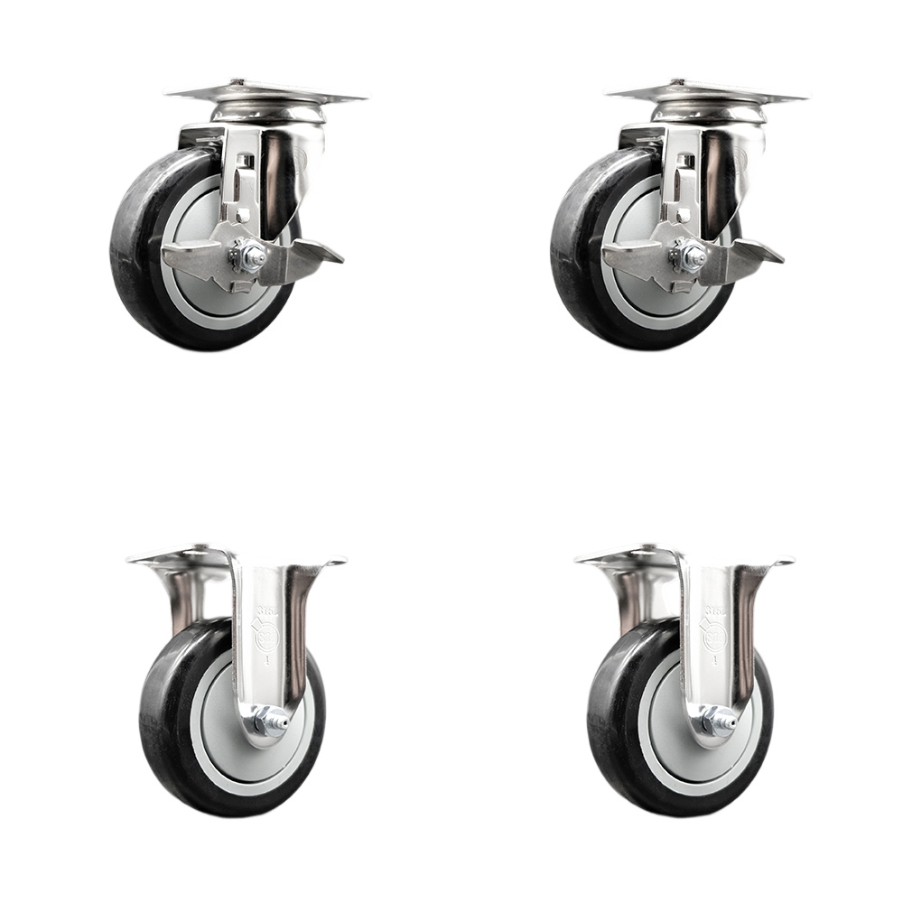 SCC-SS31620S414-PPUB-BLK-TLB-2-R-2 Polyurethane Swivel Top Plate Caster with 4 in. 316 Stainless Steel Black Wheels - Set of 4