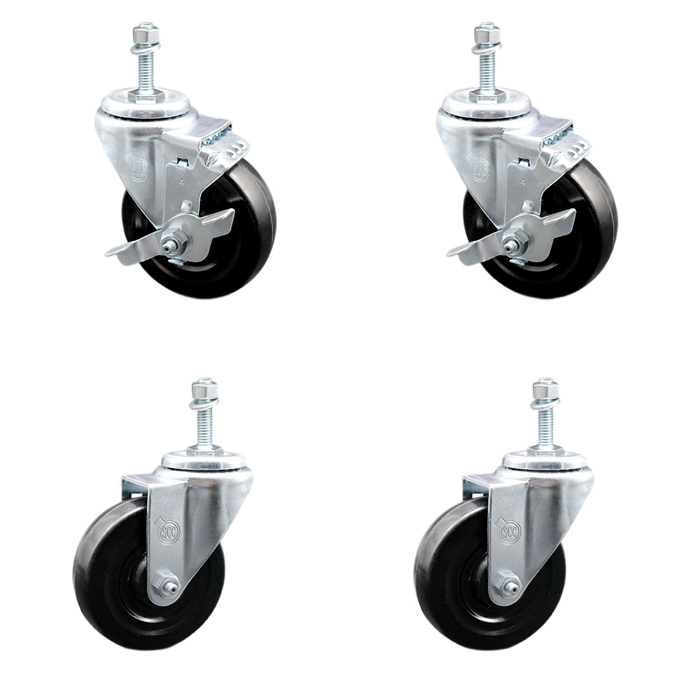 SCC-TS20S414-HRS-M1015-2-TLB-2 Hard Rubber Swivel Threaded Stem Caster with 4 x 1.25 in. Black Wheels & 10 mm Stems - Set of 4