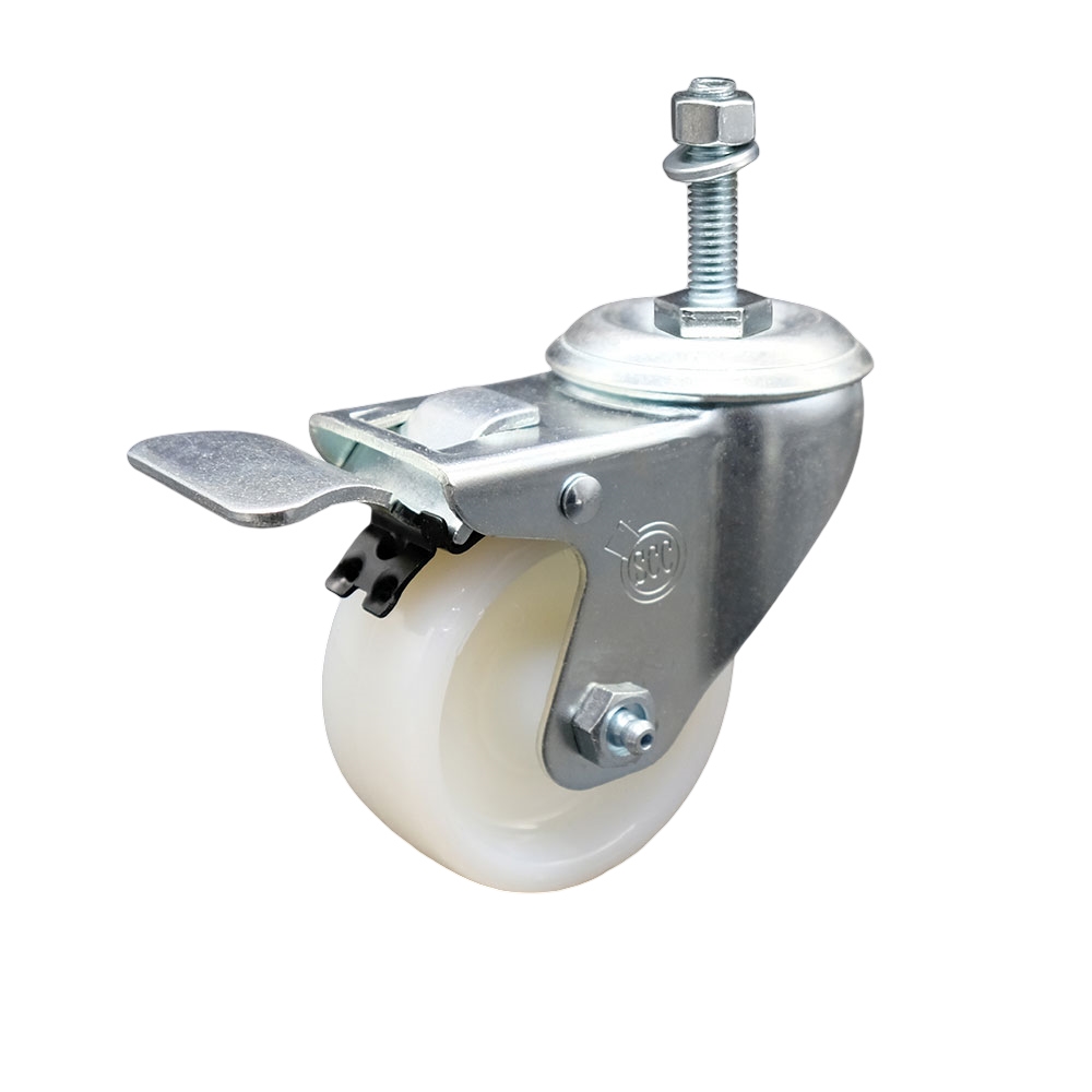 SCC-SSTSTTL20S314-NYS-381615 Stainless Steel Nylon Swivel Threaded Stem Caster with 3 x 1.25 in. White Wheel & 0.38 in. Stem & Total Locking Brake