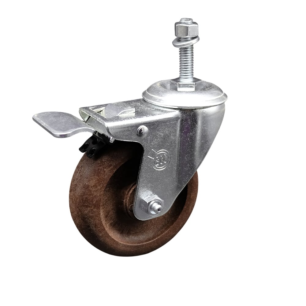 Stainless Steel High Temperature Glass Filled Nylon Swivel Threaded Stem Caster with 4 x 1.25 in. Brown Wheel & 0.38 in. Stem & Total Locking Brake
