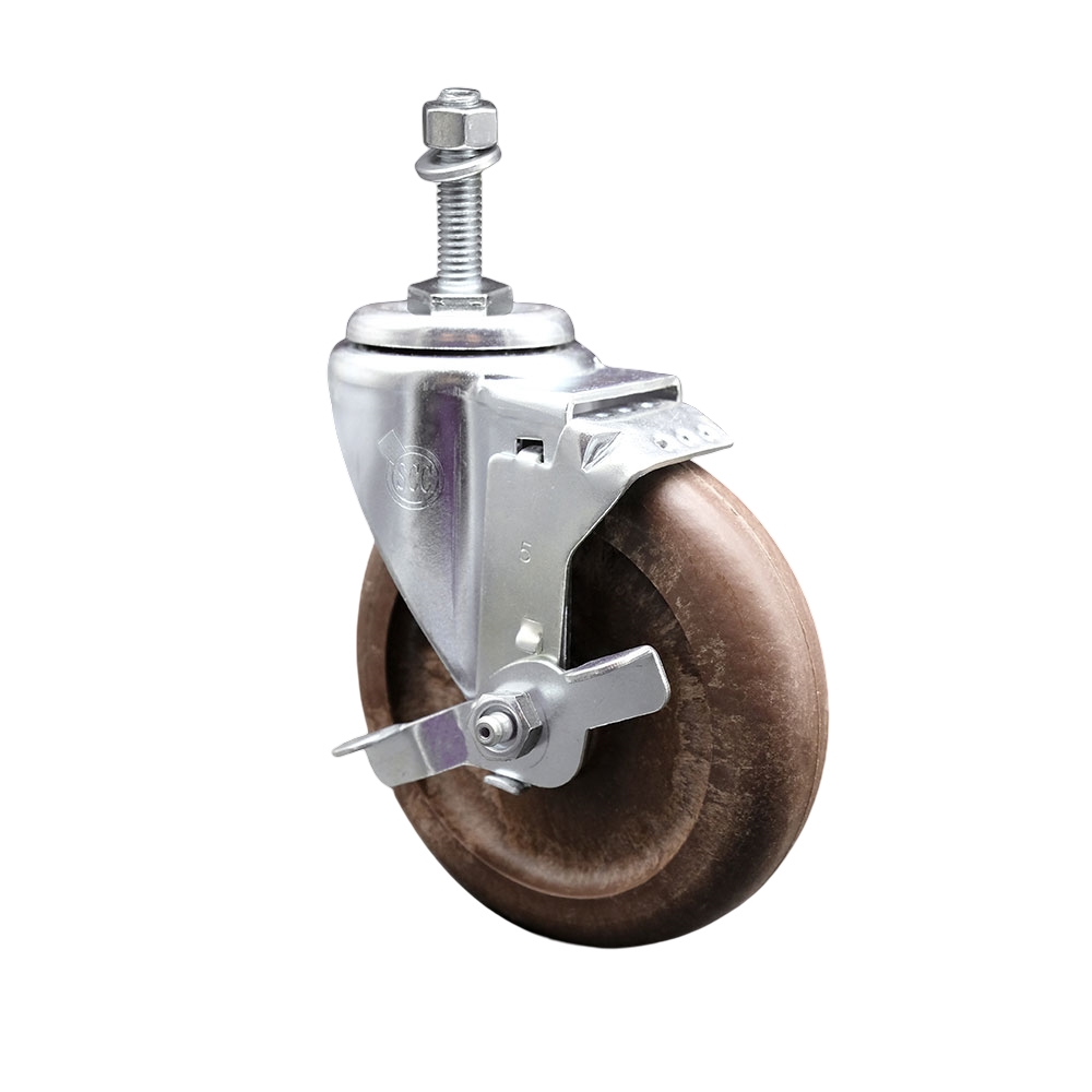 Stainless Steel High Temperature Glass Filled Nylon Swivel Threaded Stem Caster with 5 x 1.25 in. Brown Wheel & 0.38 in. Stem & Top Locking Brake