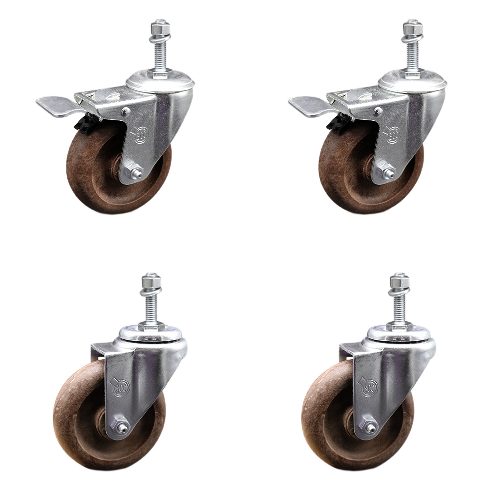 High Temperature Glass Filled Nylon Swivel Threaded Stem Caster with 4 x 1.25 in. Brown Wheels & 10 mm Stems - Set of 4
