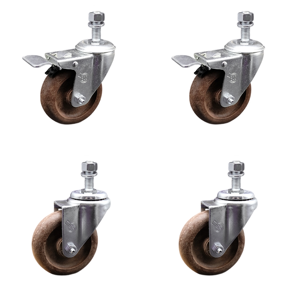 Stainless Steel High Temperature Glass Filled Nylon Swivel Threaded Stem Caster with 4 x 1.25 in. Brown Wheels & 12 mm Stems - Set of 4