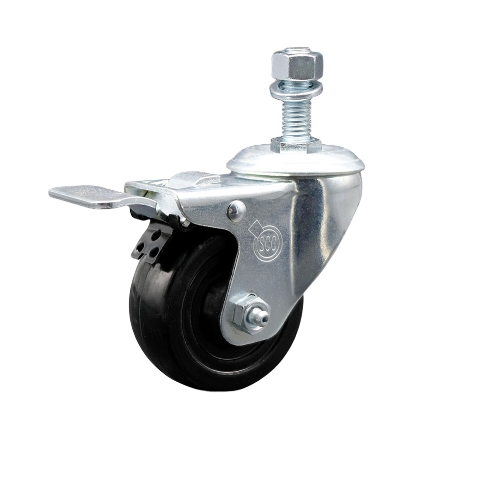 Stainless Steel Hard Rubber Swivel Threaded Stem Caster with 3 x 1.25 in. Black Wheel & 0.5 in. Stem & Total Locking Brake
