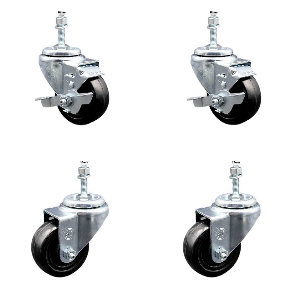 SCC-SSTS20S314-HRS-M1015-2-TLB-2 Stainless Steel Hard Rubber Swivel Threaded Stem Caster with 3 x 1.25 in. Black Wheels & 10 mm Stems - Set of 4