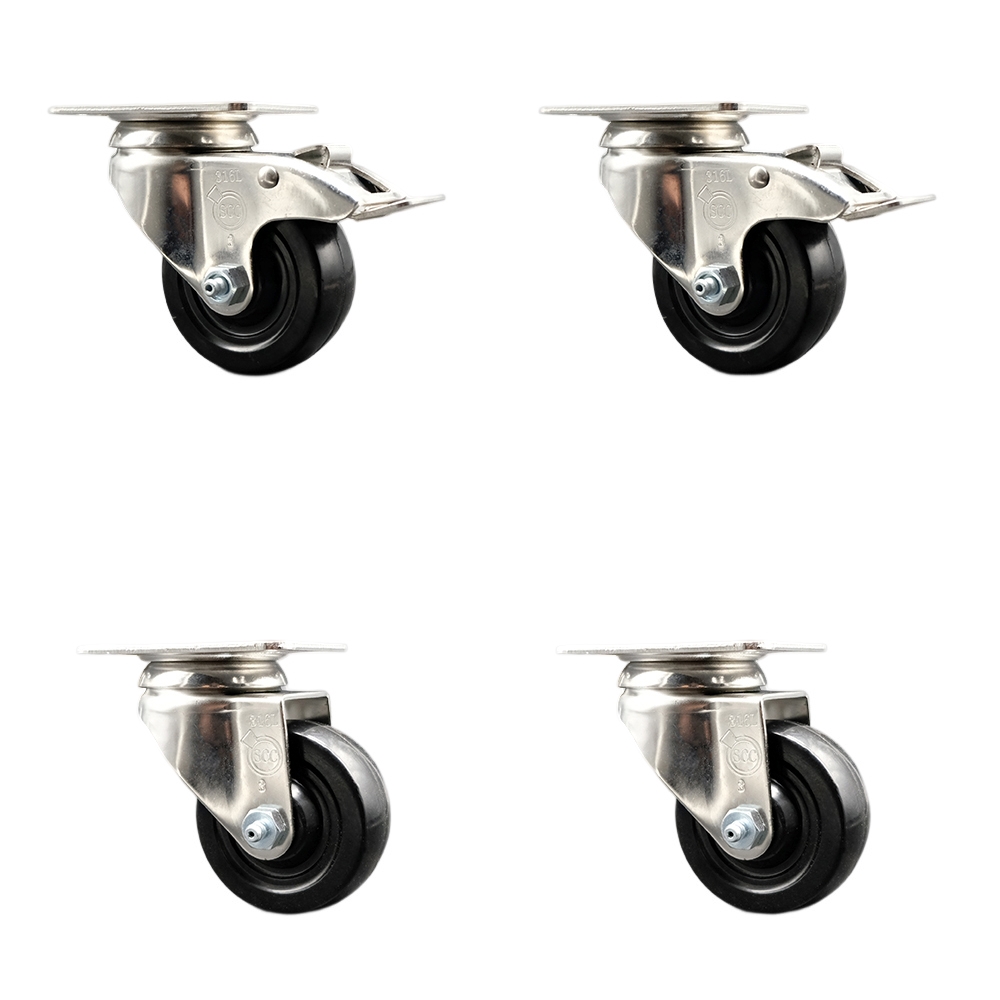 SCC-SS316TTL20S314-HRS-2-S-2 Hard Rubber Swivel Top Plate Caster with 3 in. Black Caster Wheels - 316 Stainless Steel Casters - Set of 4