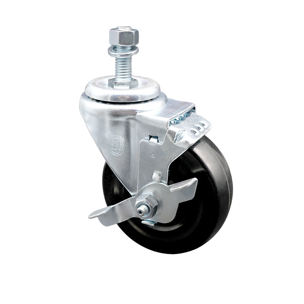 SCC-TS20S414-HRS-TLB-121315 Hard Rubber Swivel Threaded Stem Caster with 4 x 1.25 in. Black Wheel & 0.5 in. Stem & Top Locking Brake