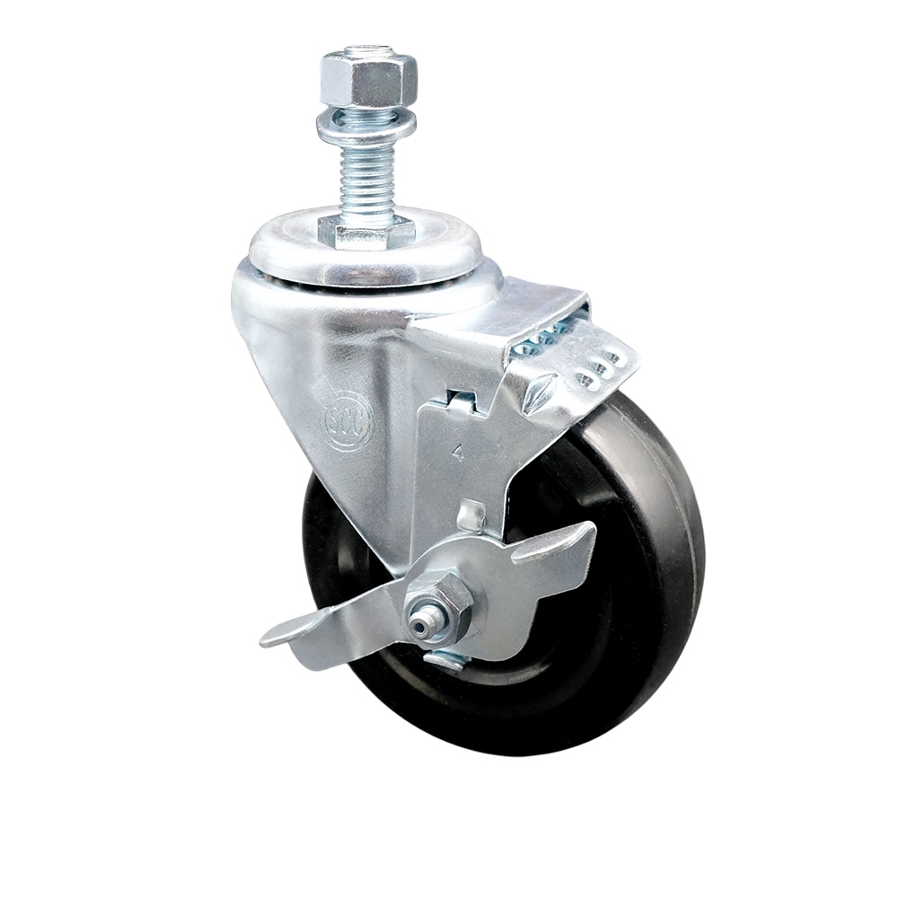 SCC-TS20S414-HRS-TLB-M1215 Hard Rubber Swivel Threaded Stem Caster with 4 x 1.25 in. Black Wheel & 12 mm Stem & Top Locking Brake