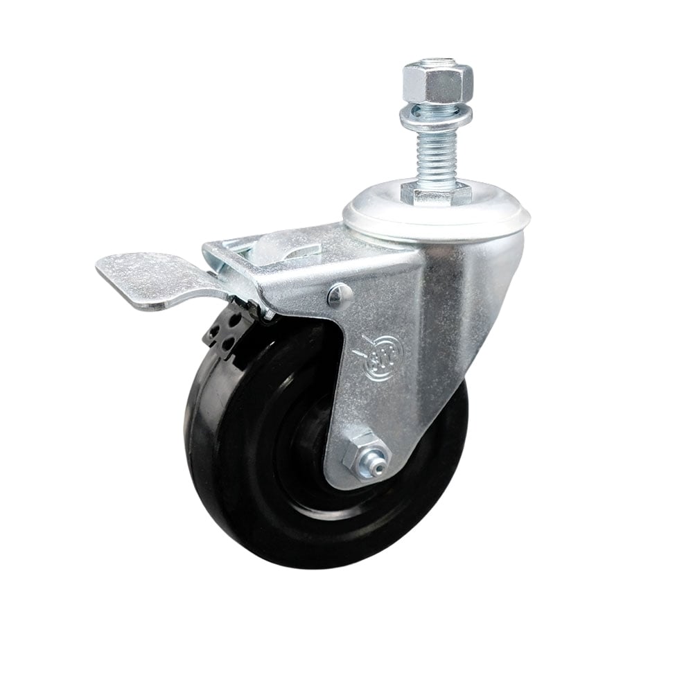 Stainless Steel Hard Rubber Swivel Threaded Stem Caster with 4 x 1.25 in. Black Wheel & 0.5 in. Stem & Total Locking Brake
