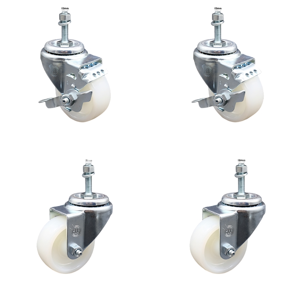 SCC-TS20S314-NYS-M1015-2-TLB-2 Nylon Swivel Threaded Stem Caster with 3 x 1.25 in. White Wheels & 10 mm Stems - Set of 4
