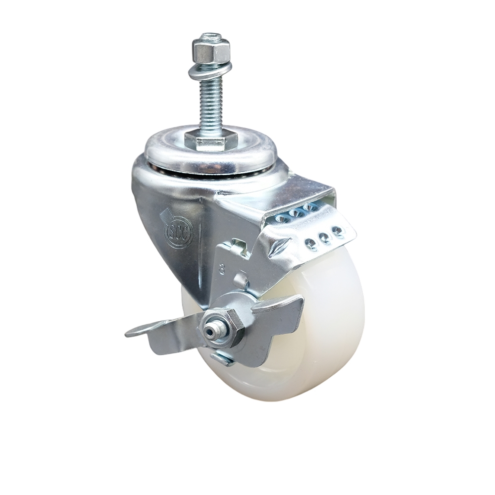 SCC-SSTS20S314-NYS-TLB-381615 Stainless Steel Nylon Swivel Threaded Stem Caster with 3 x 1.25 in. White Wheel & 0.38 in. Stem & Top Locking Brake