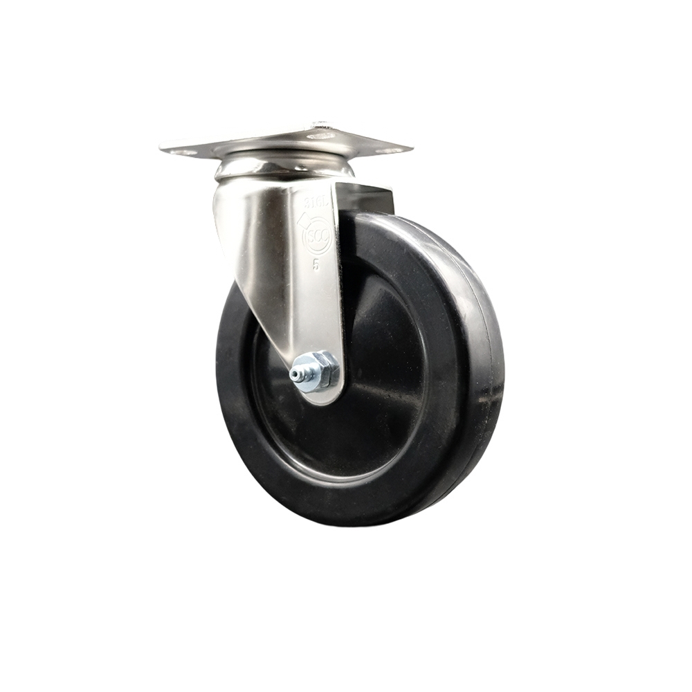 SCC-SS31620S514-HRS Hard Rubber Swivel Top Plate Caster with 5 in. Black Caster Wheel - 316 Stainless Steel Caster