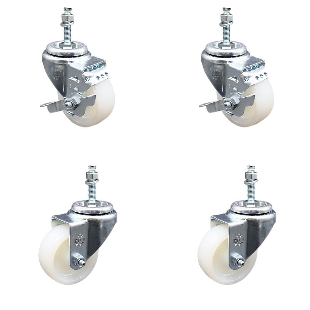SCC-SSTS20S314-NYS-M1015-2-TLB-2 Stainless Steel Nylon Swivel Threaded Stem Caster with 3 x 1.25 in. White Wheels & 10 mm Stems - Set of 4