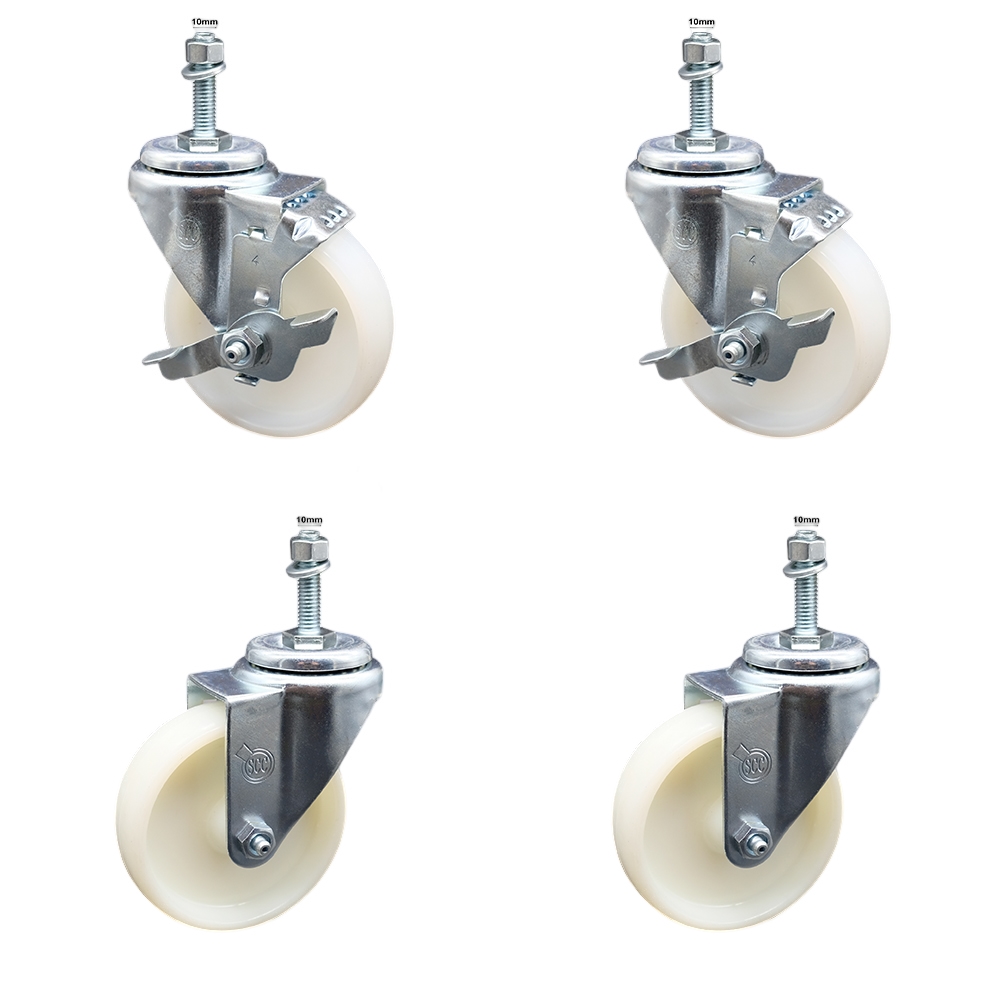 SCC-TS20S414-NYS-M1015-2-TLB-2 Nylon Swivel Threaded Stem Caster with 4 x 1.25 in. White Wheels & 10 mm Stems - Set of 4
