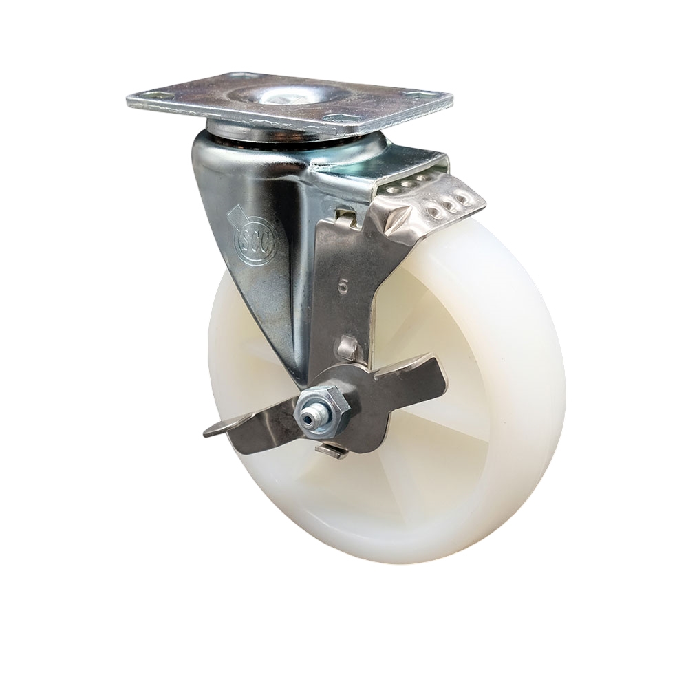 Nylon Swivel Caster - White - 5 in. - Top Locking Brake - 300 lbs Capacity