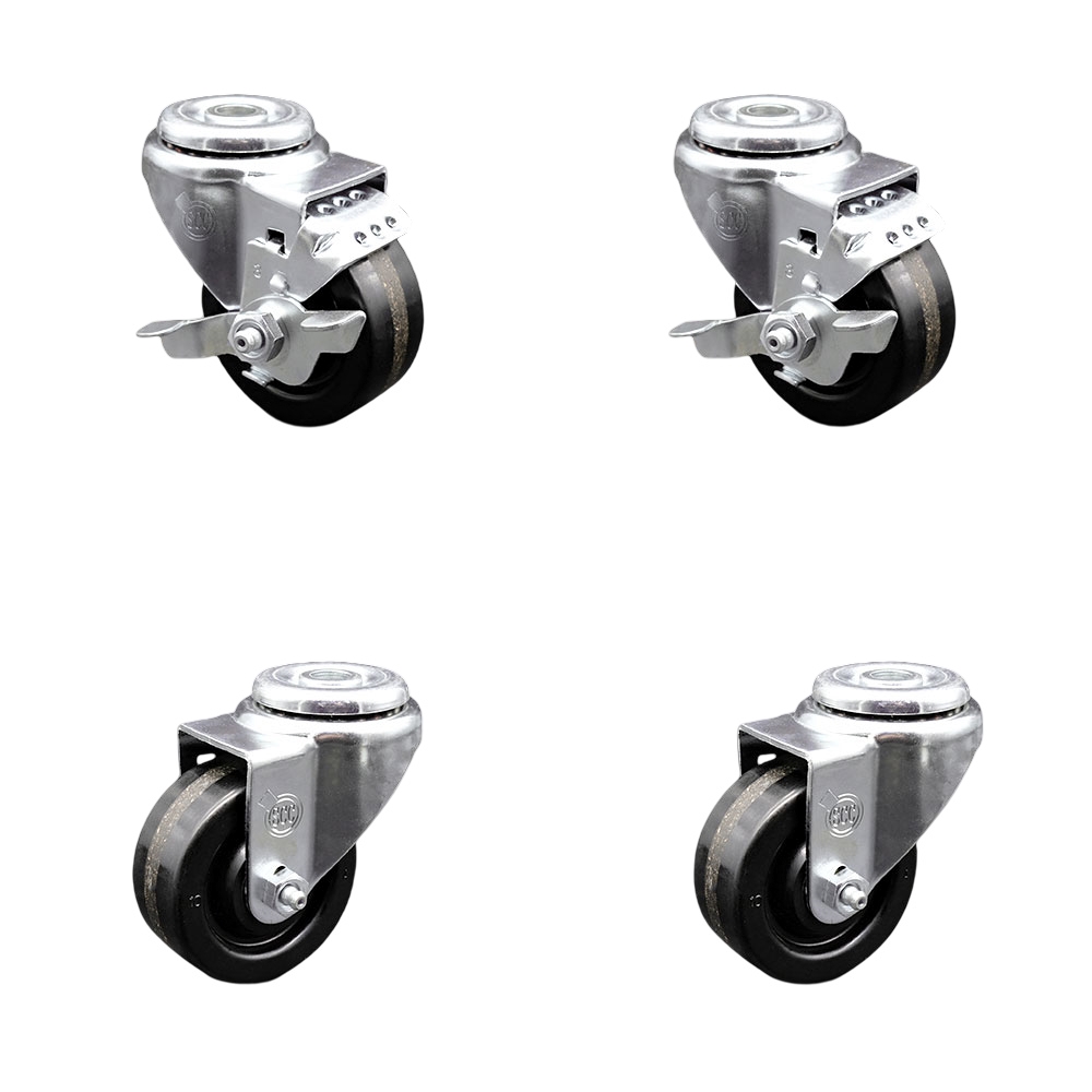 SCC-BH20S3514-PHR-2-TLB-2 Phenolic Swivel Bolt Hole Caster with Roller Bearing 3.5 x 1.25 in. Black Wheels - Set of 4
