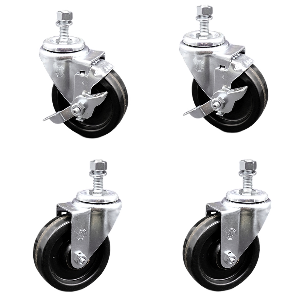 SCC-TS20S414-PHR-121315-2-TLB-2 Phenolic Swivel Threaded Stem Caster with Roller Bearing 4 x 1.25 in. Black Wheels & 0.5 in. Stems - Set of 4