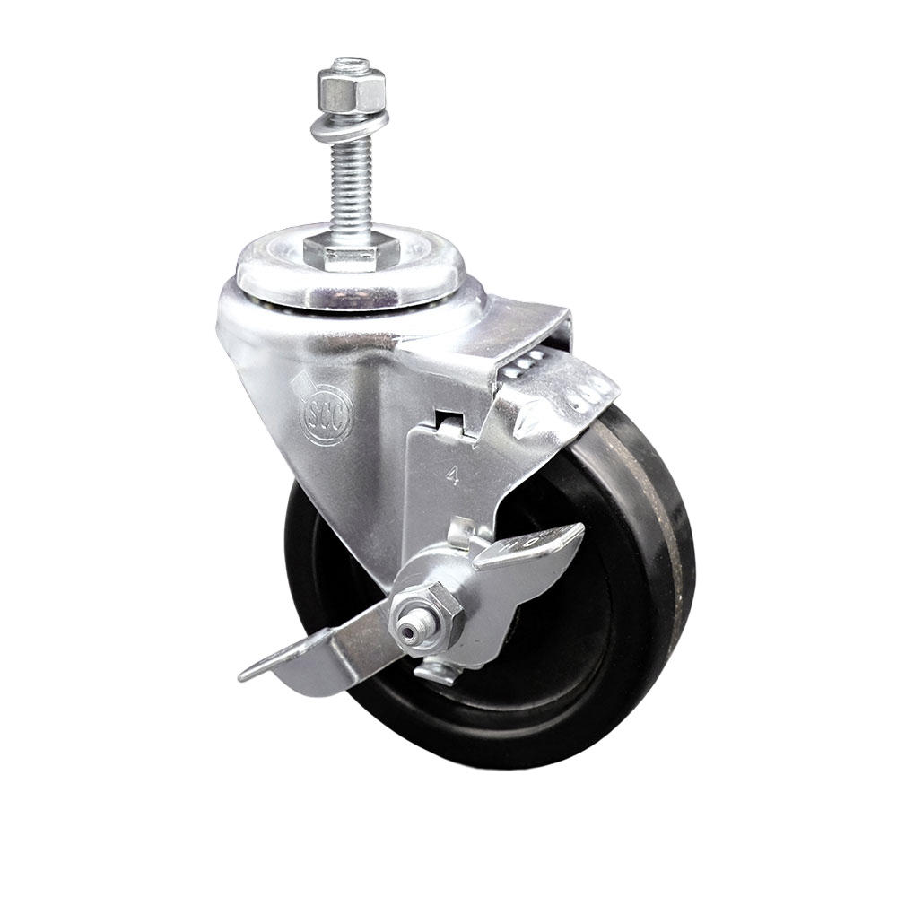 SCC-TS20S414-PHR-TLB-M1015 Phenolic Swivel Threaded Stem Caster with Roller Bearing 4 x 1.25 in. Black Wheel & 10 mm Stem & Top Locking Brake