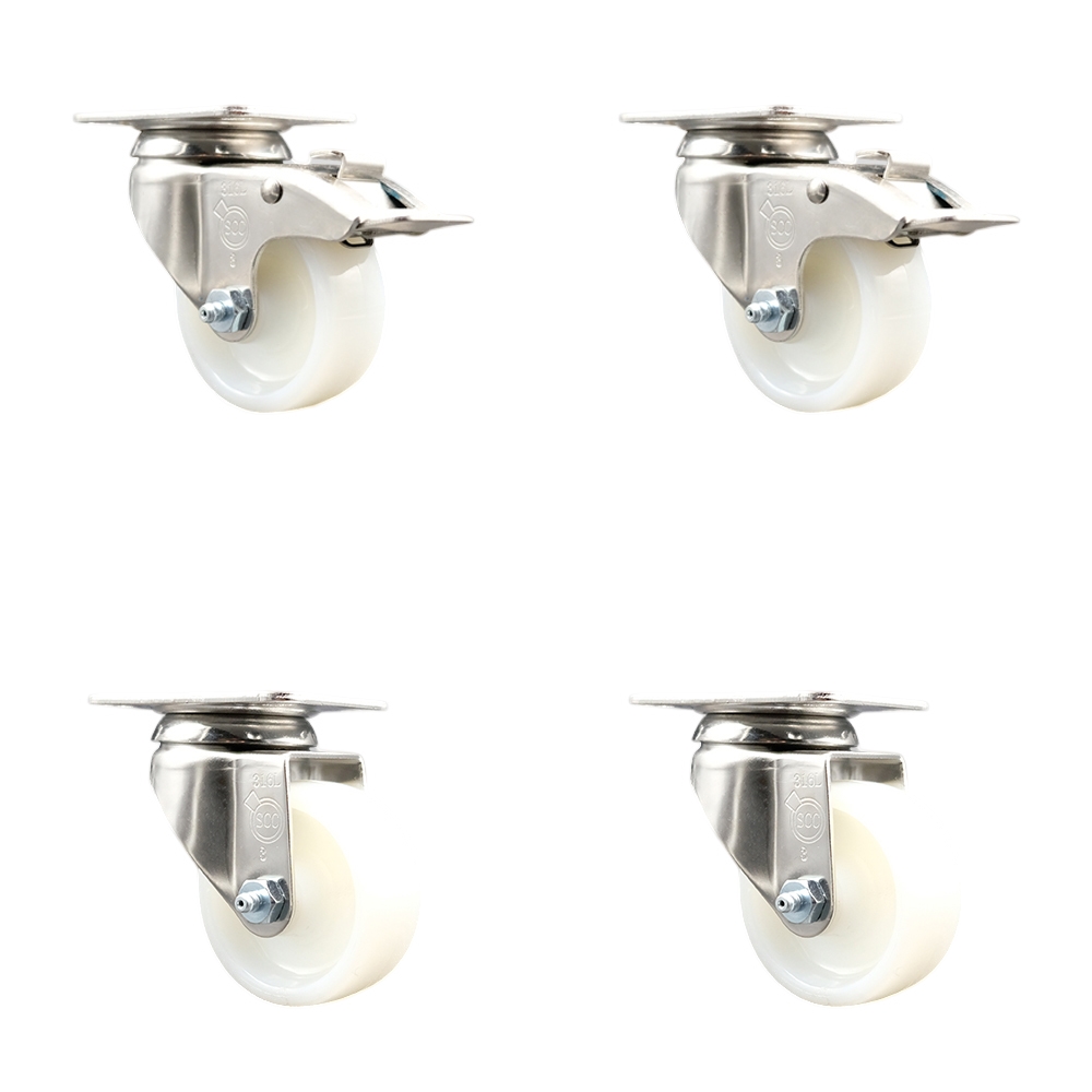 SCC-SS316TTL20S314-NYS-2-S-2 Nylon Swivel Top Plate Caster with 3 in. White Caster Wheels - 316 Stainless Steel Casters - Set of 4