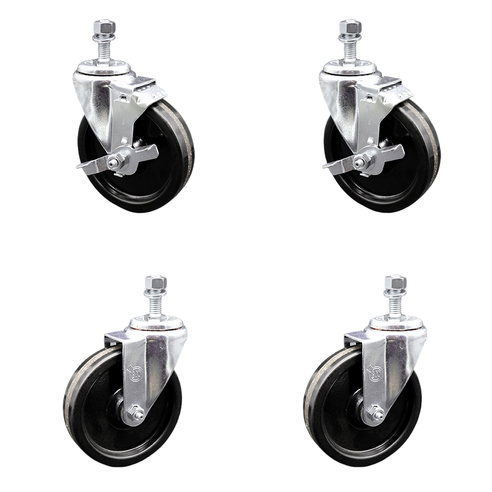 SCC-TS20S514-PHR-M1215-2-TLB-2 Phenolic Swivel Threaded Stem Caster with Roller Bearing 5 x 1.25 in. Black Wheels & 12 mm Stems - Set of 4