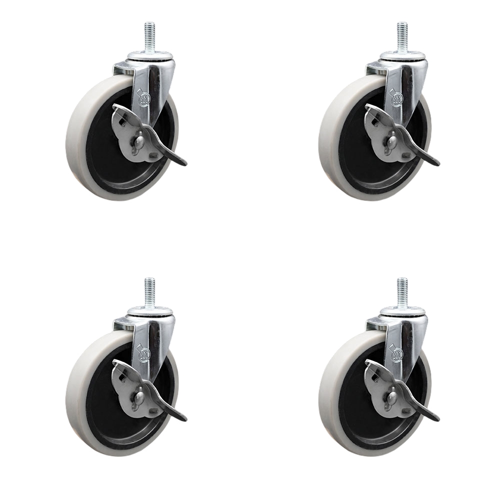5 in. Swivel Thermoplastic Rubber Caster Wheels with 0.31 in. 18 TPI x 1.5 in. Threaded Stem Caster & Brake - Set of 4