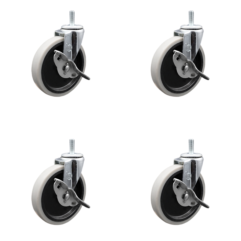 SCC-TS05S510-TPRS-SLB-M1015-4 5 in. Swivel Thermoplastic Rubber Caster Wheels with 10 mm 1.50 TPI x 1.5 in. Threaded Stem Caster & Brake - Set of 4