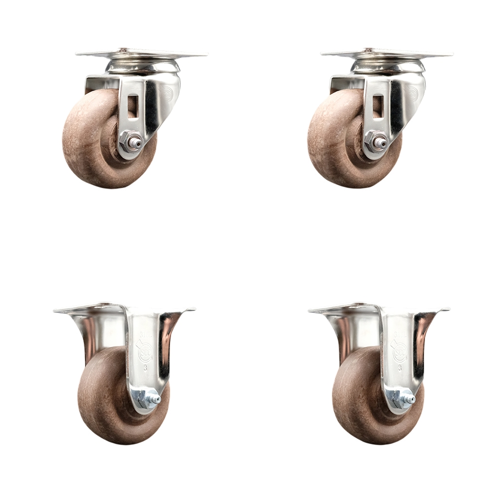 High Temperature Glass Filled Nylon Swivel Top Plate Caster with 3 in. Brown Caster Wheels - 316 Stainless Steel Casters - Set of 4