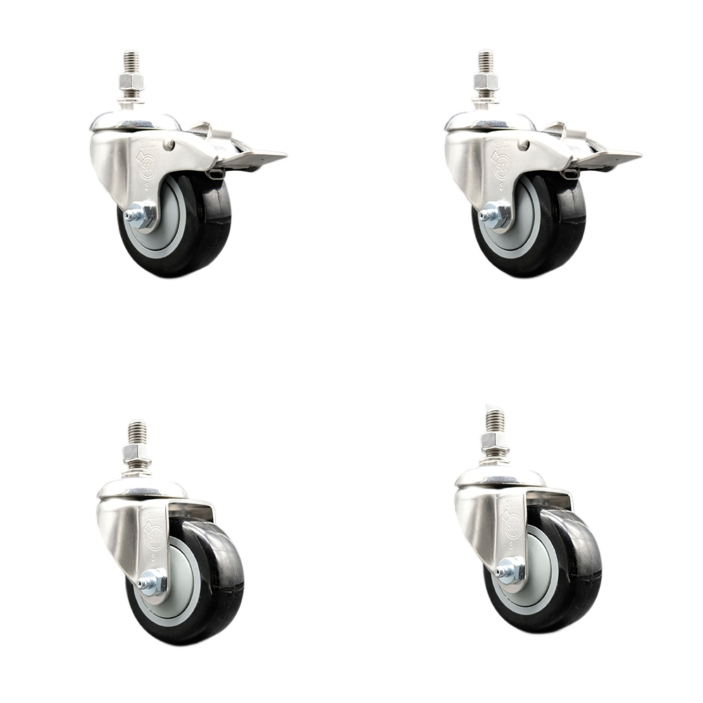 Poly Swivel Stem Caster with 3 in. Black Caster Wheels, 0.5 in. Threaded Stems - 316 Stainless Steel Casters - Set of 4