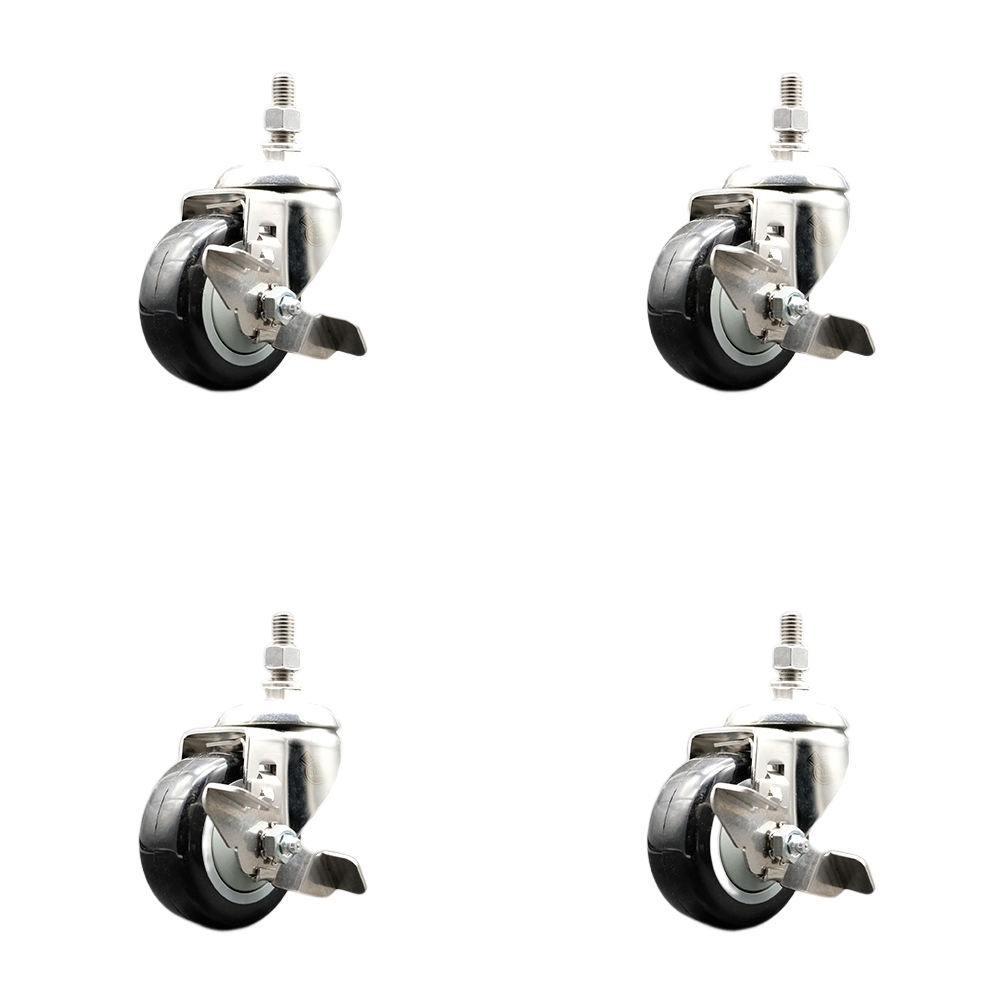 Polyurethane Swivel Stem Caster with 3.5 in. Black Caster Wheels, 0.5 in. Threaded Stems - 316 Stainless Steel Casters - Set of 4