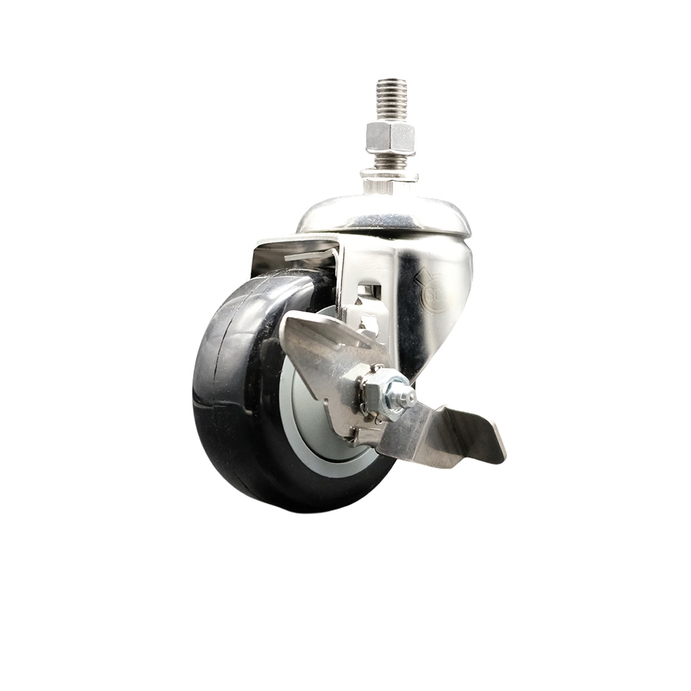 Polyurethane Swivel Stem Caster with 3.5 in. Black Caster Wheels & Top Lock Brake, 0.38 in. Threaded Stem - 316 Stainless Steel Caster