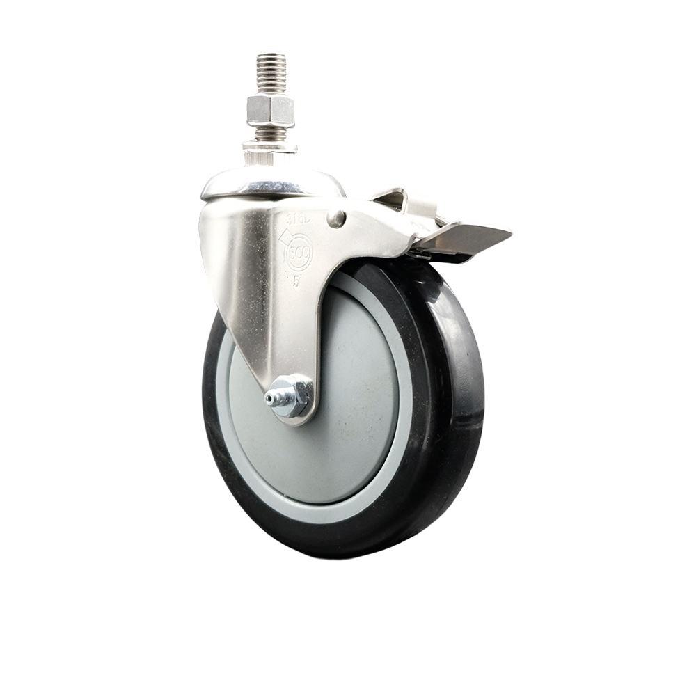 Polyurethane Swivel Stem Caster with 5 in. Black Caster Wheels & Total Lock Brake, 0.38 in. Threaded Stem - 316 Stainless Steel Caster